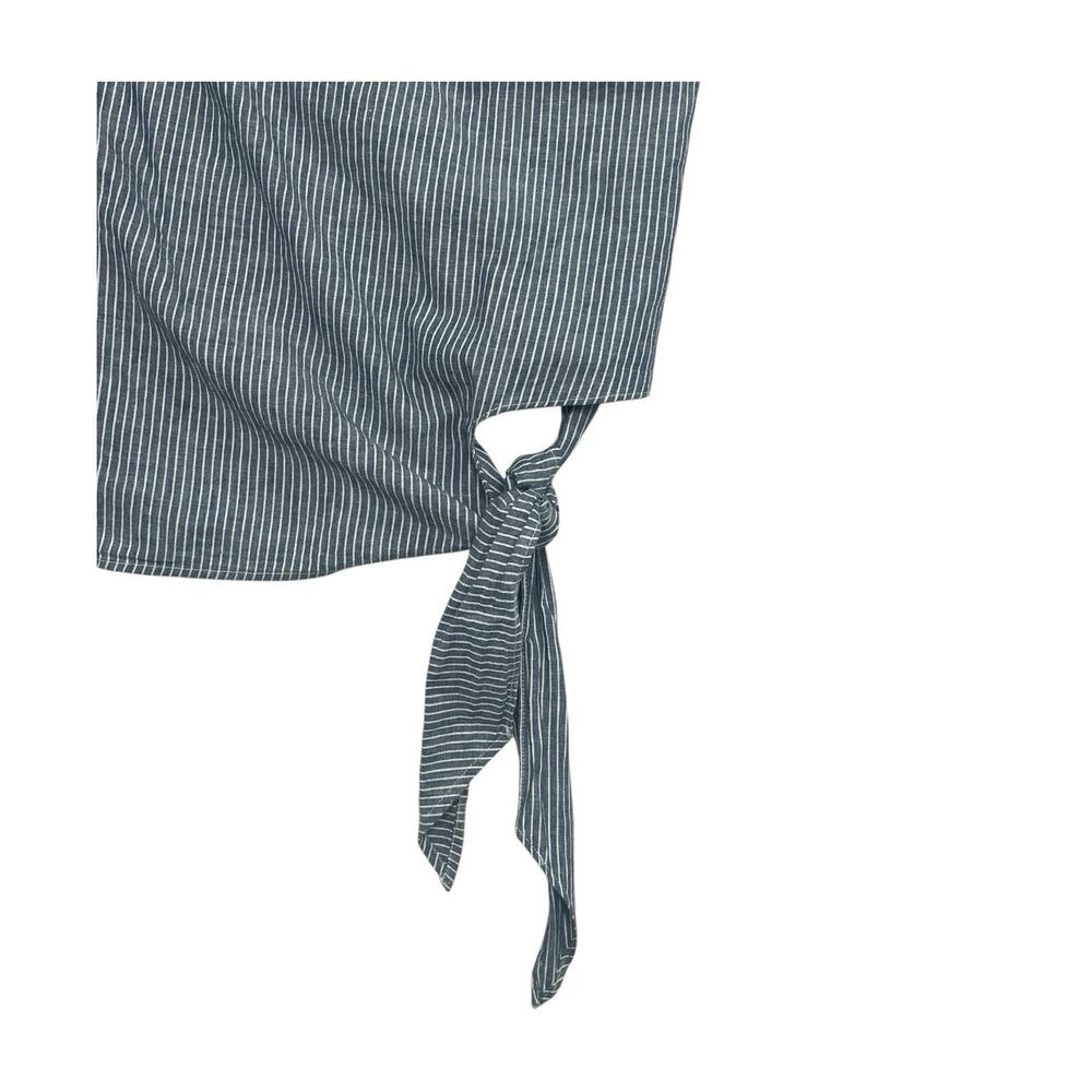 Free People Top Womens 10 Blue Linen Cropped Pinstripe One Shoulder Boho Coastal - Picture 5 of 12